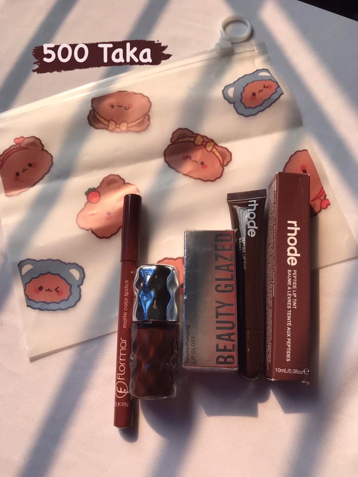 Rhode Brown Lip Tint, Beauty Glazed Lipstick & Flormar Combo with Pouch